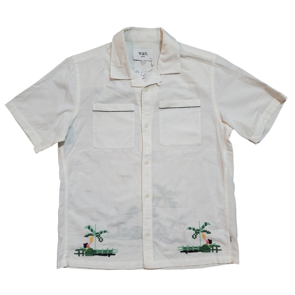Wax London Didcot Shirt Mens Medium Ivory Cotton Linen Embroidered Tropical New